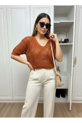 TUMA V Yaka Transparan Detaylı Örgü Triko Bluz Yazlık Şık Triko Tişört