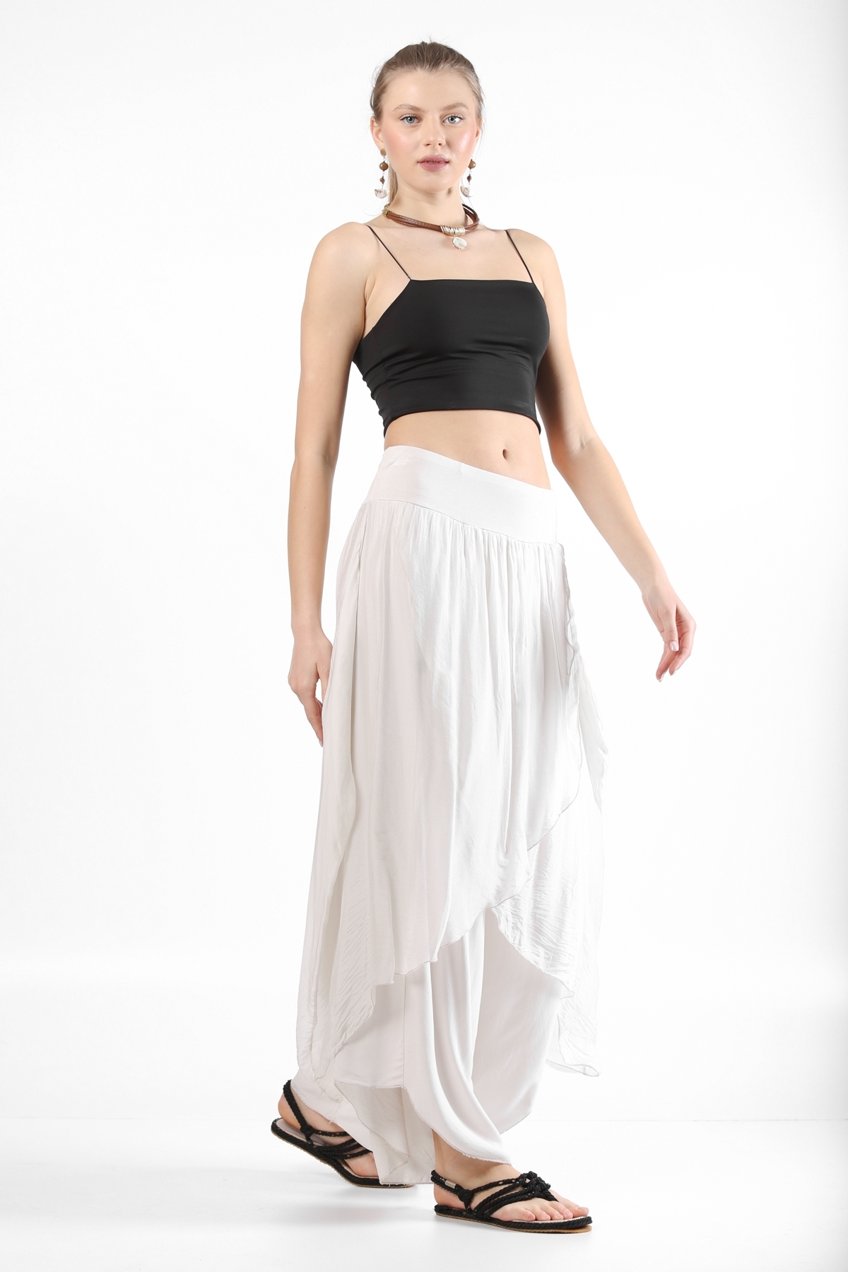 Women's Beige Italian Envelope Lined Silk Trousers with Cover