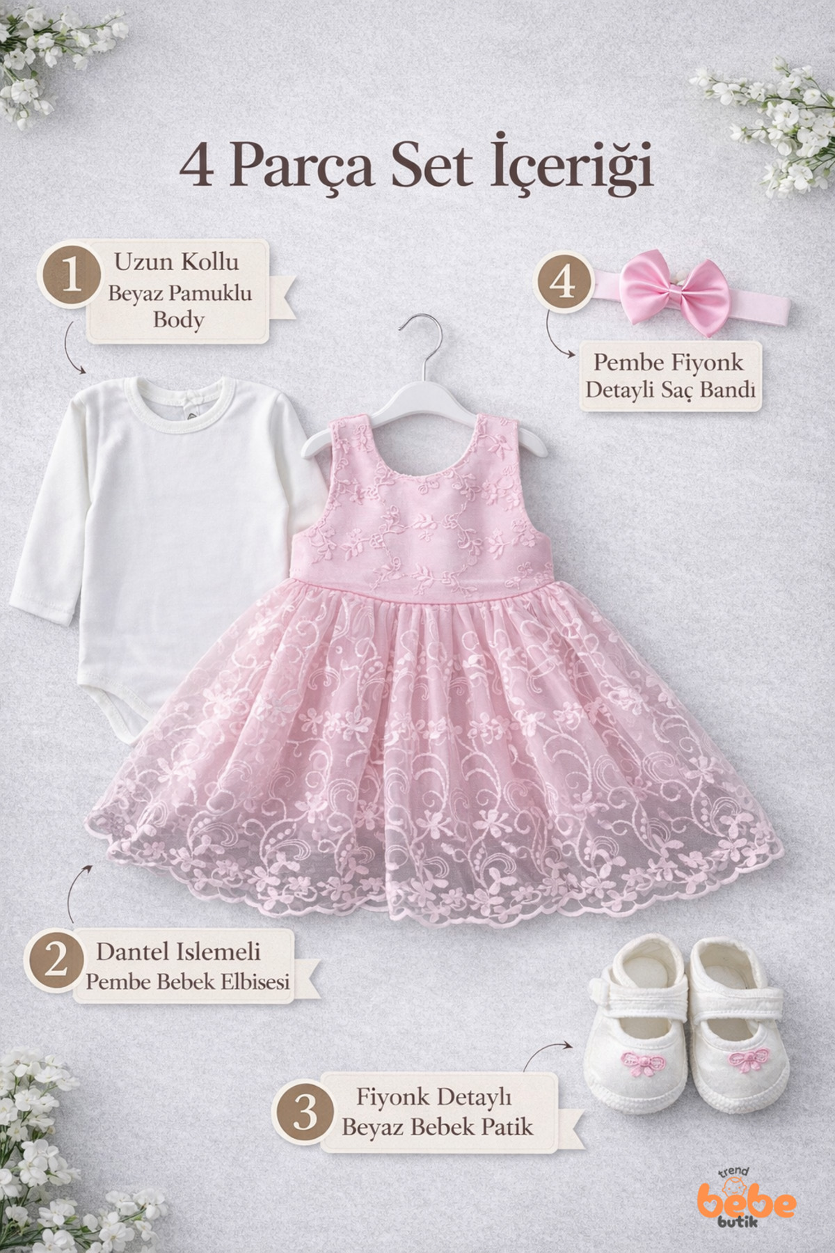 Trend Bebe Butik Kız Bebek Mevlüt Elbisesi Seti Dantel İşlemeli Pembe Bebek Elbisesi,4Parça Yenidoğan Özel Gün Elbise fotoğrafı 3 (önizleme)