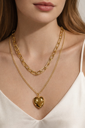 Suzi Shine 14K Altın Kaplama İkili Ataç Zincir Kalp Uçlu Kolye