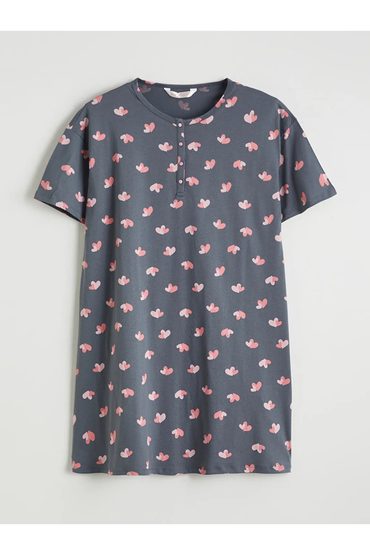 LC Waikiki Gri Bisiklet Yaka Kalp Desenli Kadın Gecelik