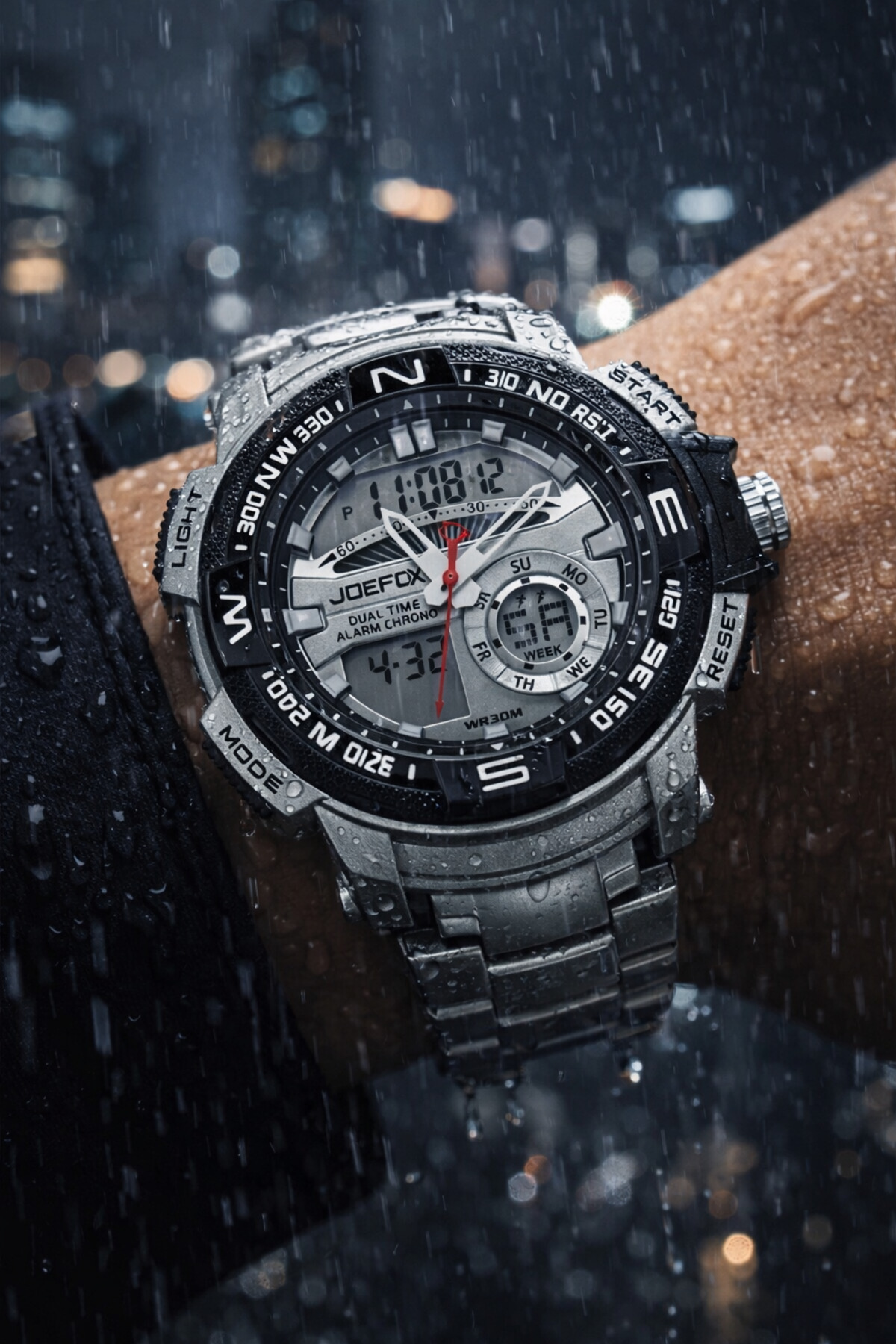 Joefox Erkek Çelik Kordon Dijital & Analog Spor Saat – Dual Time