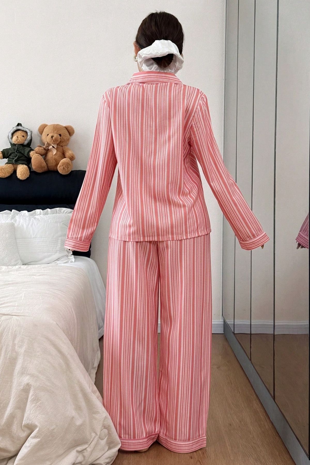 BELLA NOTTE Pembe Düğmeli Dikey Baskılı Uzun Kollu Pijama Takımı görsel 7