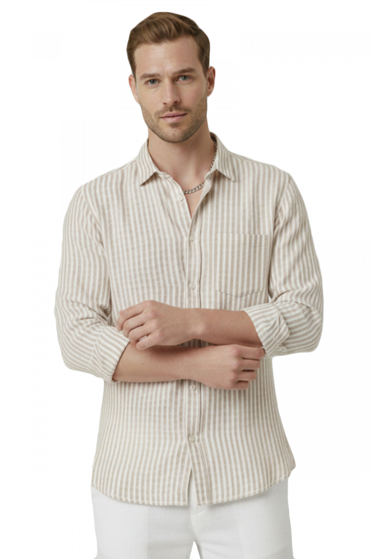 Beige Slim Fit 100% Cotton Striped Men's Shirt – Summer Shirt with Pockets 2602627