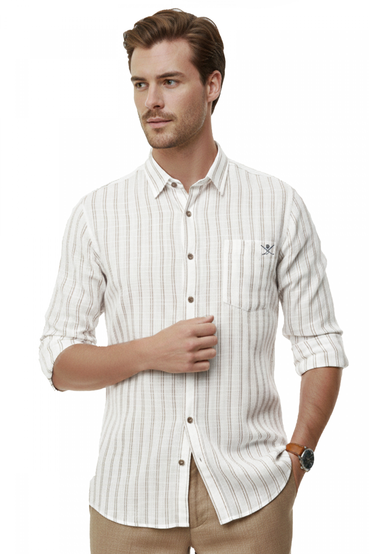 Coffee Casual Striped Men's Shirt – Wooden Buttoned Natural Textured with Pockets New Season 2602623