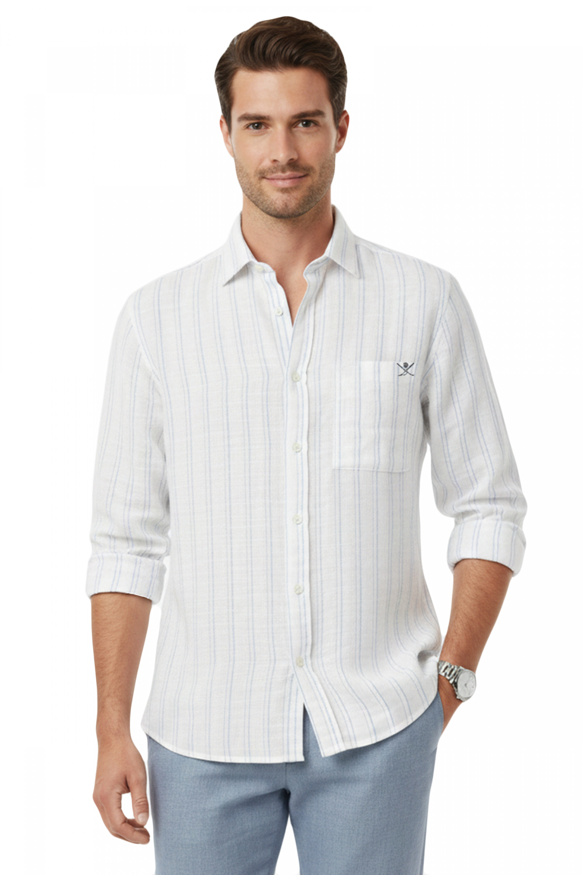 Blue Casual Striped Men's Shirt – Wooden Buttoned Natural Textured with Pockets New Season 2602623