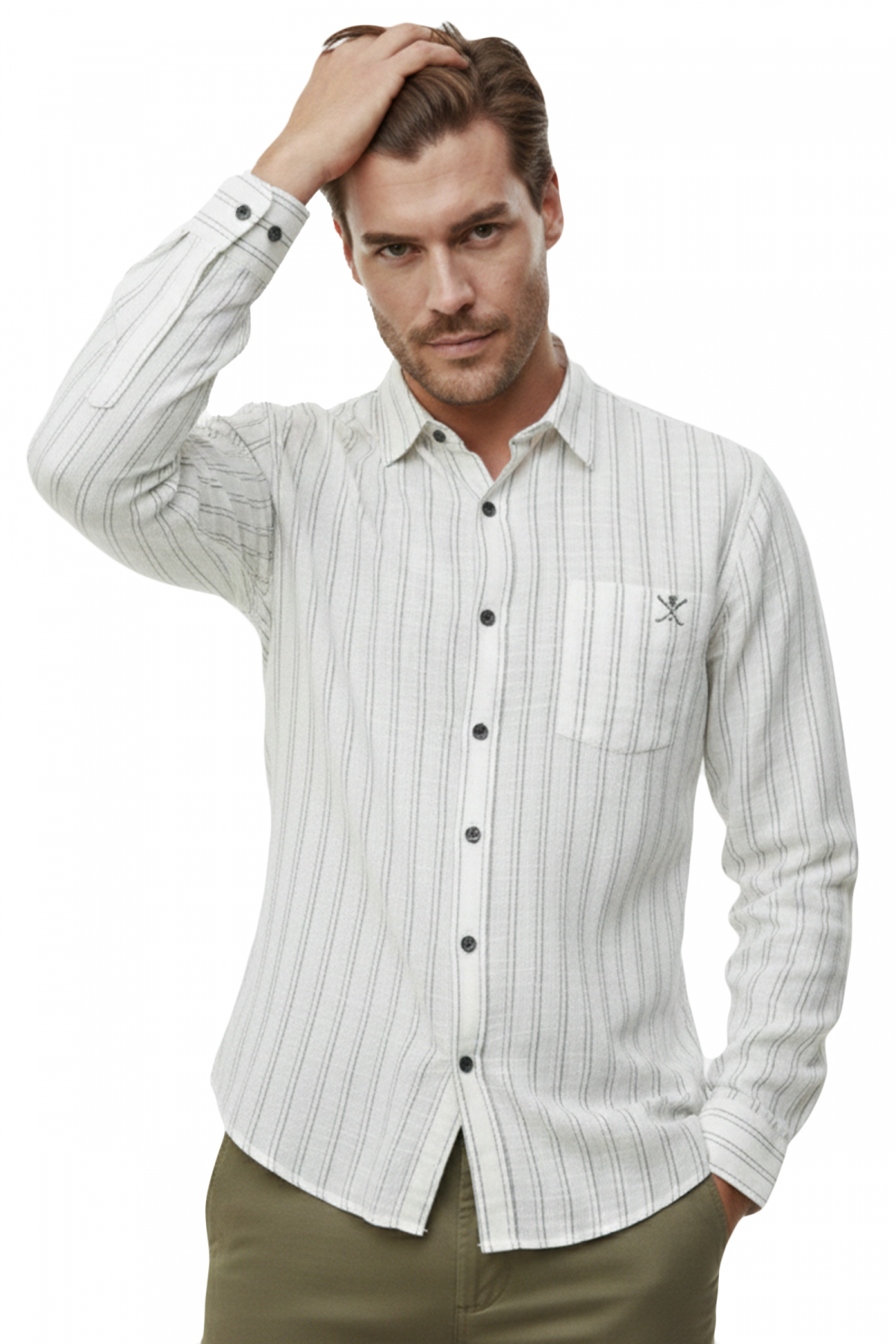 Khaki Casual Striped Men's Shirt – Wooden Buttoned Natural Textured with Pockets New Season 2602623