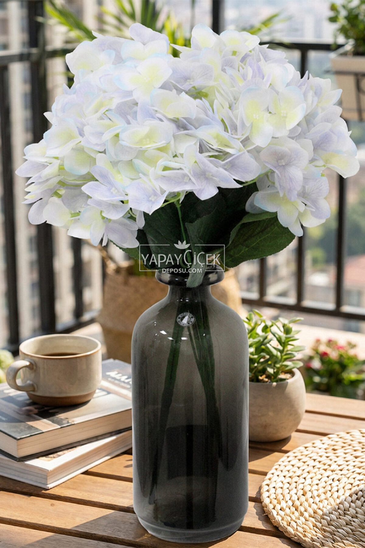 Artificial Flower 5 Branches Wet Cornales Veined Hydrangea Bunch 45cm Color Wave