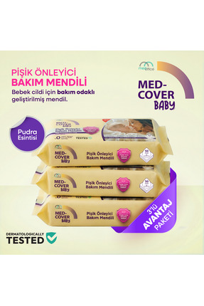 MED-COVER Baby Pişik Önleyici Bakım Mendili – Pudra Esintisi / 50'li x 3 Avan...