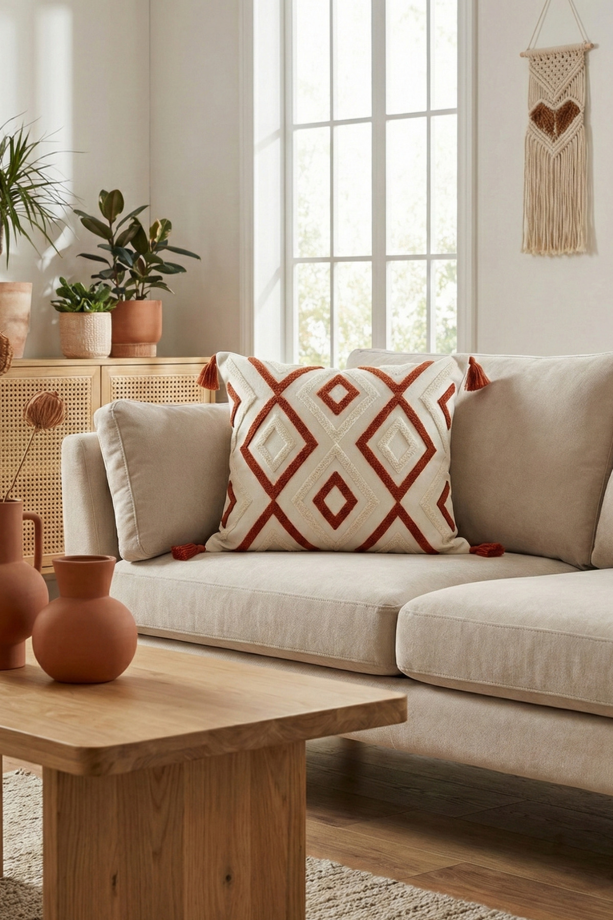 Bohemian Geometric Punch Embroidered Tassel Decorative Pillow Case 42x42cm Cotton Panama Linen