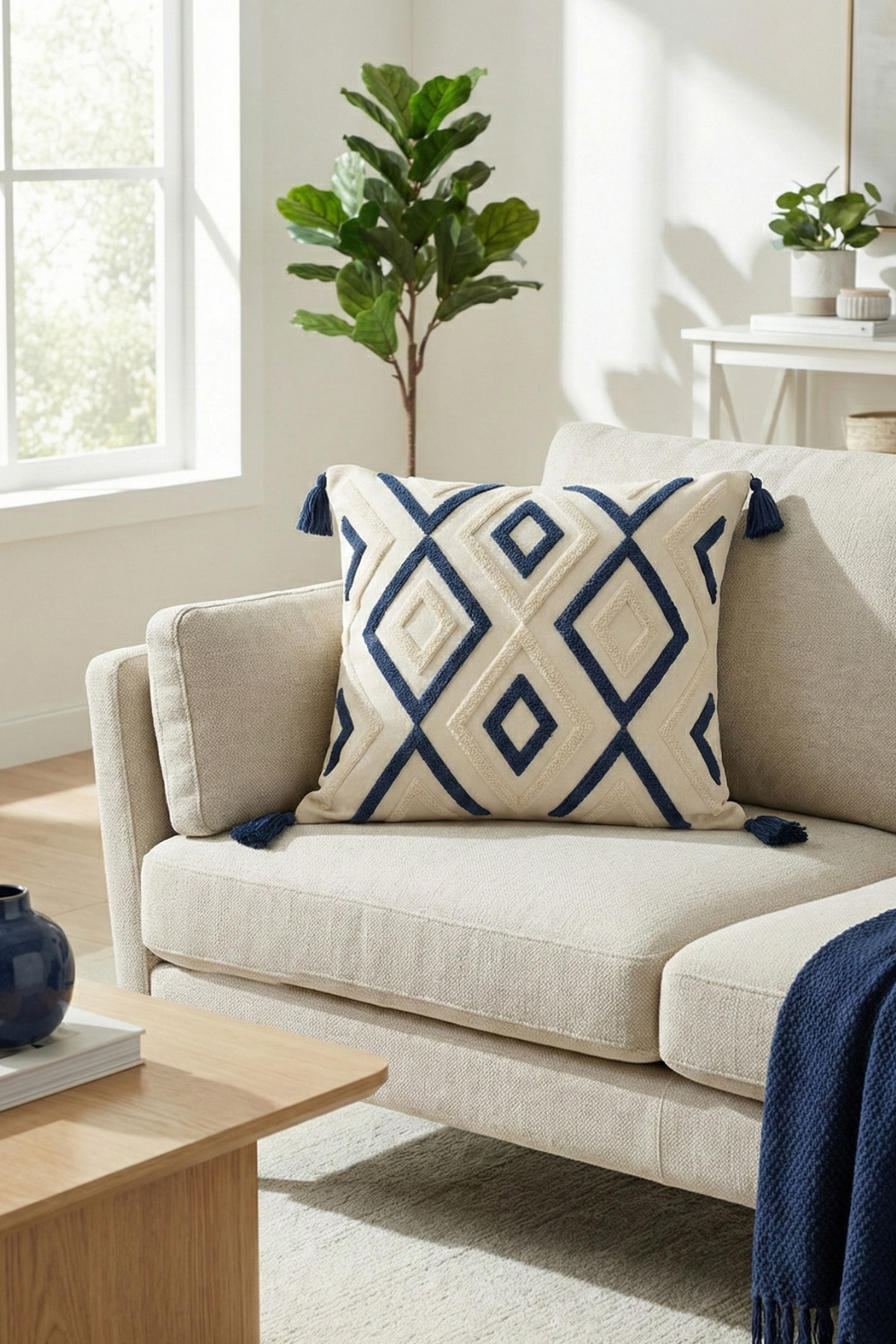 Bohemian Geometric Punch Embroidered Tassel Decorative Pillow Case 42x42cm Cotton Panama Linen