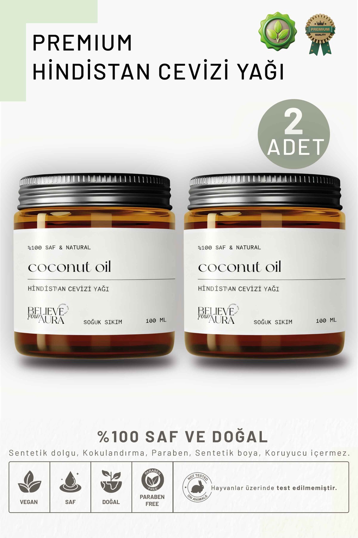 Hindistan Cevizi Yağı - %100 Saf ve Doğal Soğuk Sıkım Premium 2'Lİ - Coconut Oil - 2x100 ml — ATYHNC2