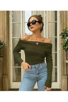 CELİORA STYLE Kadın Kayık Yaka Omuz Açık Fitilli Triko Bluz Uzun Kollu Slim F...