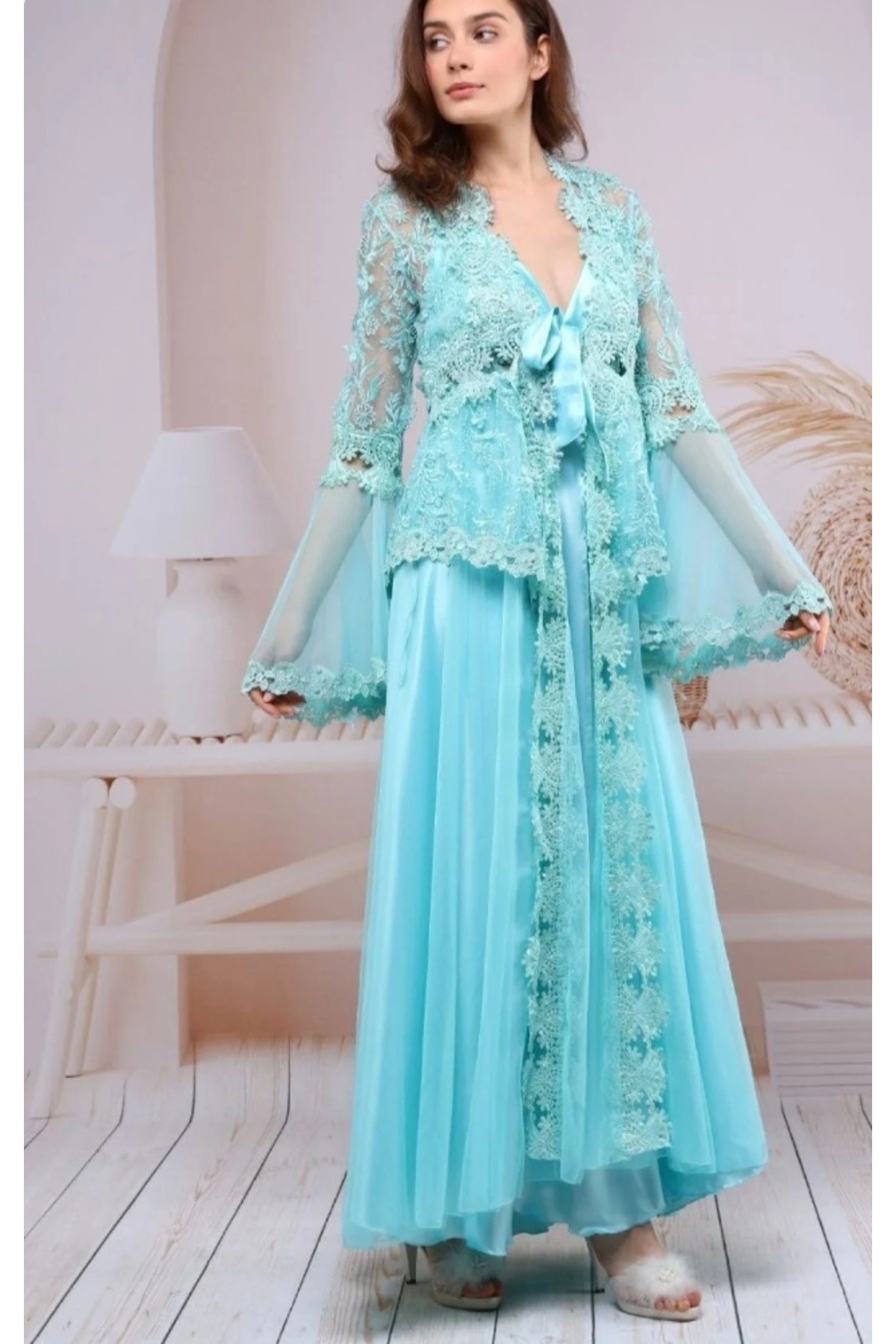 Moda81 Dantelli saten gecelik sabahlık kadın takımı, çeyiz gelinlik seti