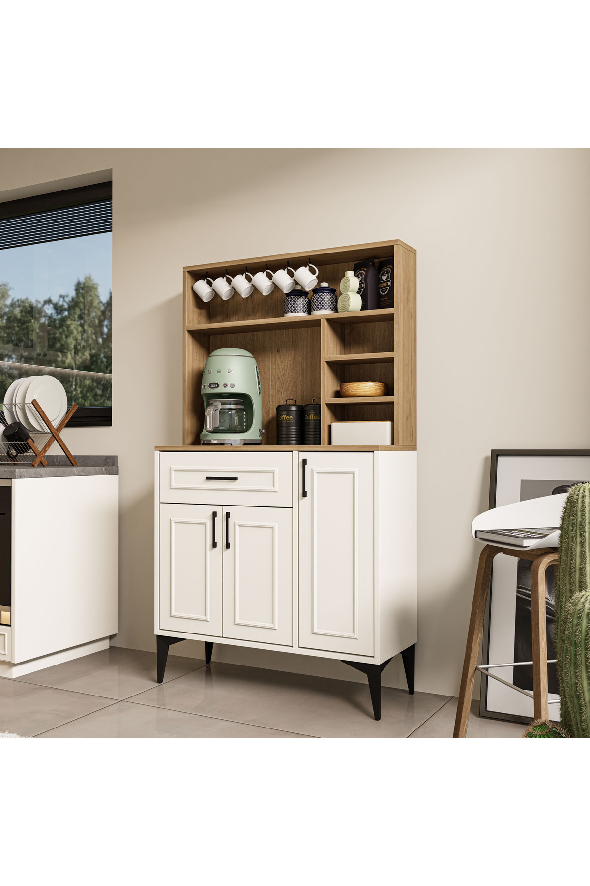 5250 Miva 90cm Coffee Corner (with Lath) Multipurpose Cabinet Pantry Kitchen Cabinet Basket White