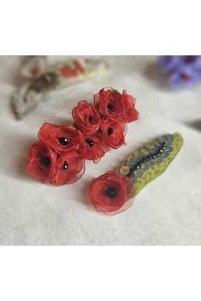 Leylace Kristal taşlı, Pullu, Organze Kumaş, Özel Gelincik Tasarım, Kırmızı R...