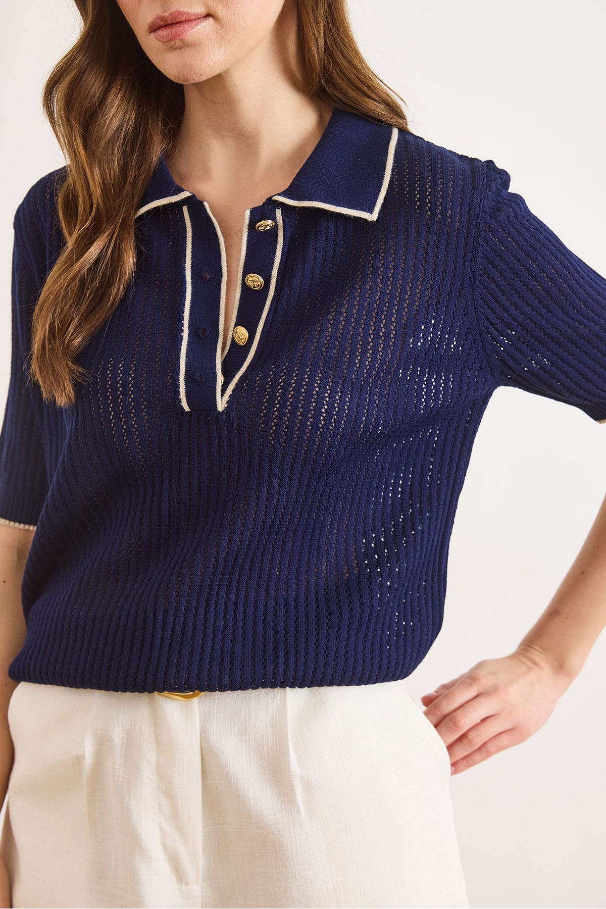 Olalook  Kadın Lacivert Şerit Detaylı Polo Yaka Ajurlu Triko Bluz BLZ-19003227 - Görsel 5