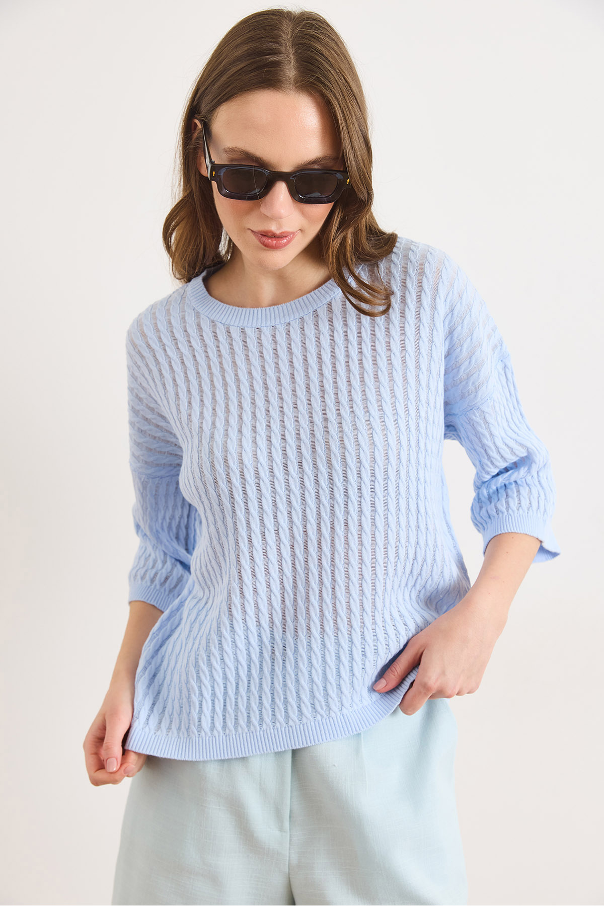 بلوز بافتنی زنانه آبی نوزادی مدل Ajurlu Loose Fit BLZ-19003225