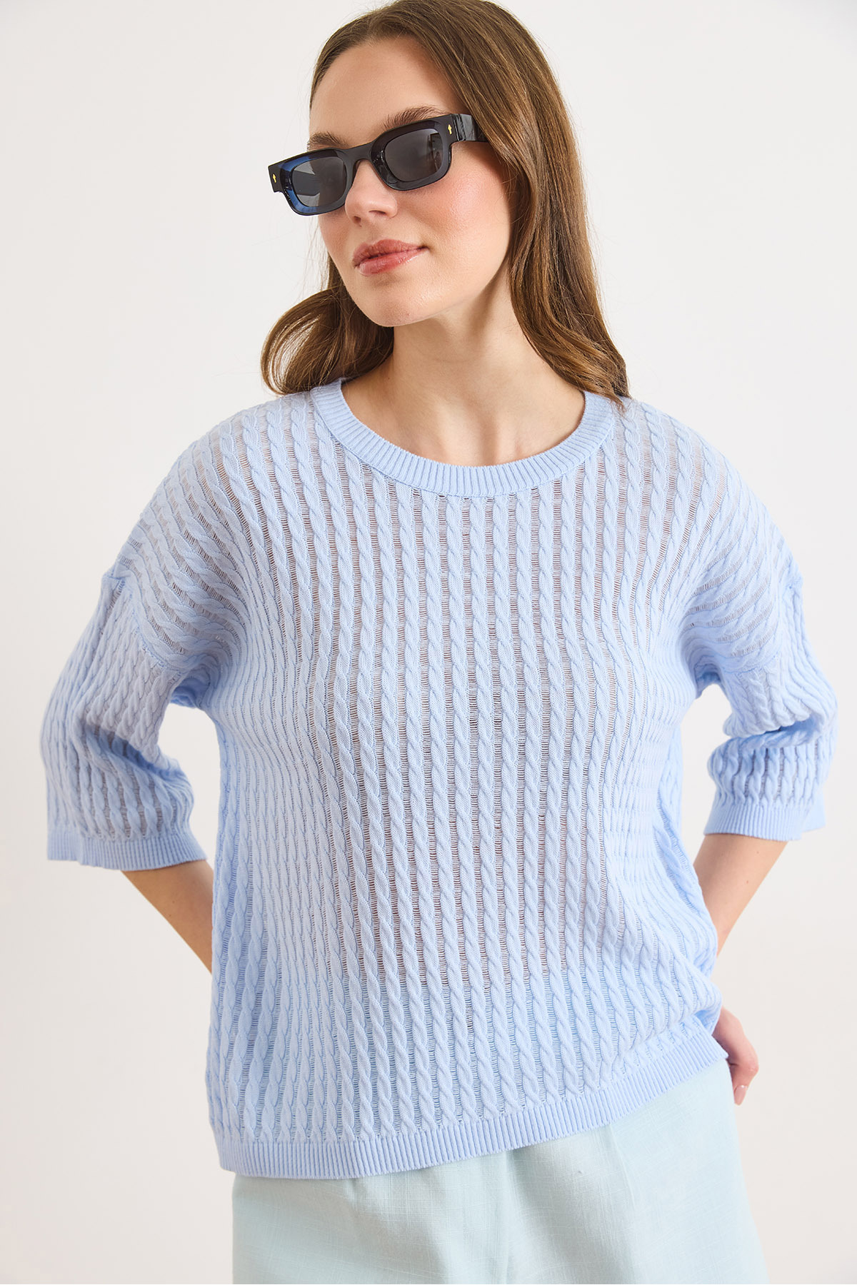 بلوز بافتنی زنانه آبی نوزادی مدل Ajurlu Loose Fit BLZ-19003225