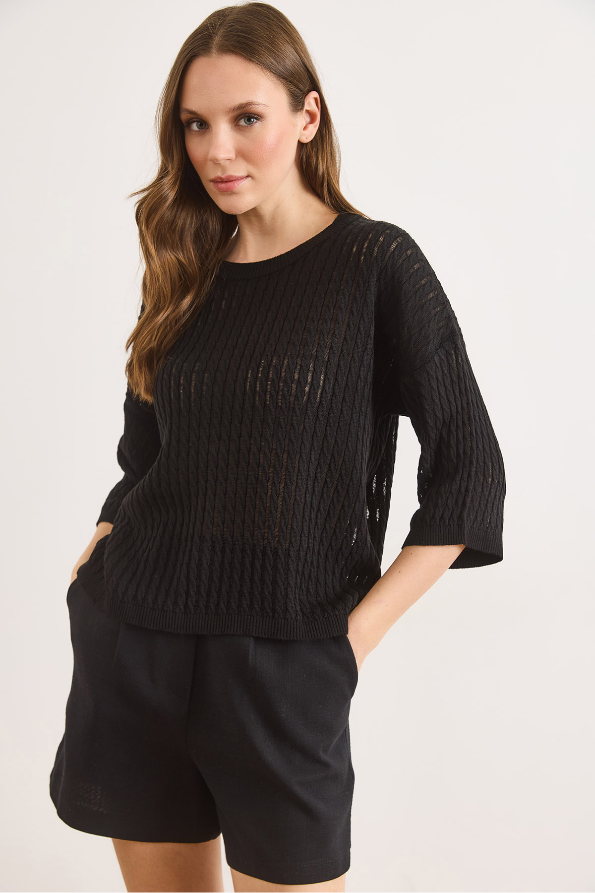 بلوز بافتنی زنانه مشکی مدل Ajurlu Loose Fit کد BLZ-19003225