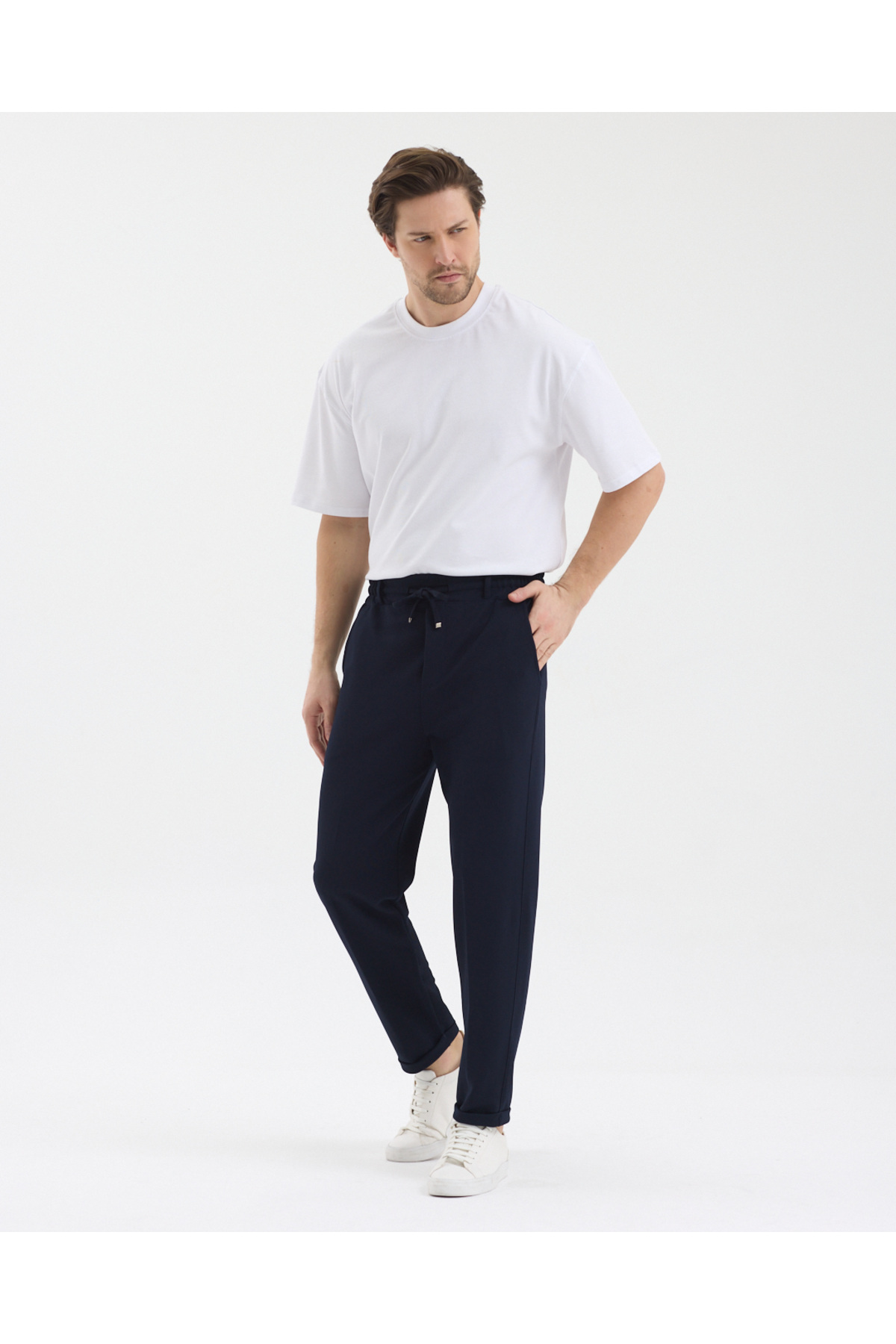 pandy  Erkek Bel Lastikli Yarım Kemerli Likralı Paça Katlamalı Regular Fit Pantolon - Görsel 5