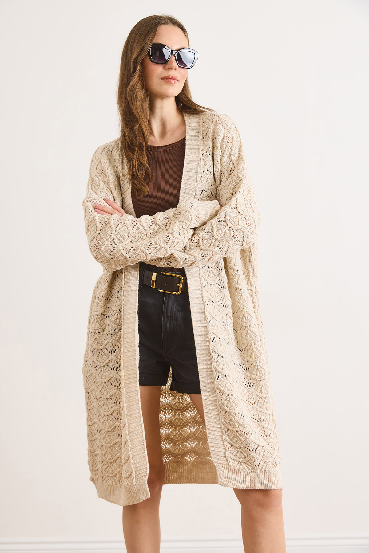 Olalook  Kadın Taş Deniz Kabuğu Desenli Uzun Mevsimlik Triko Hırka HRK-19000468 - Görsel 4