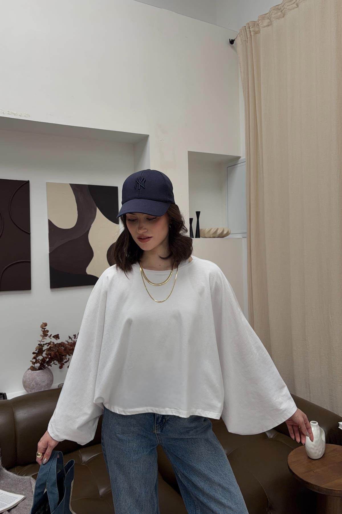 mylove  Yarasa Kol Basic Bluz Beyaz - Görsel 5