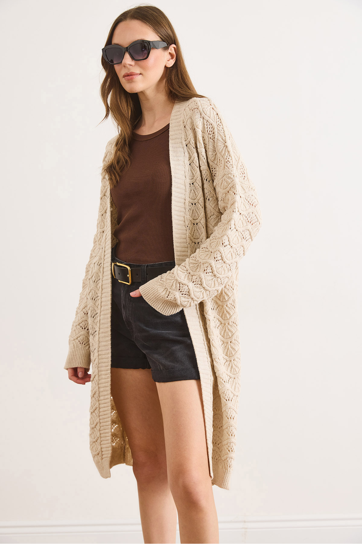 Olalook  Kadın Taş Deniz Kabuğu Desenli Uzun Mevsimlik Triko Hırka HRK-19000468 - Görsel 3