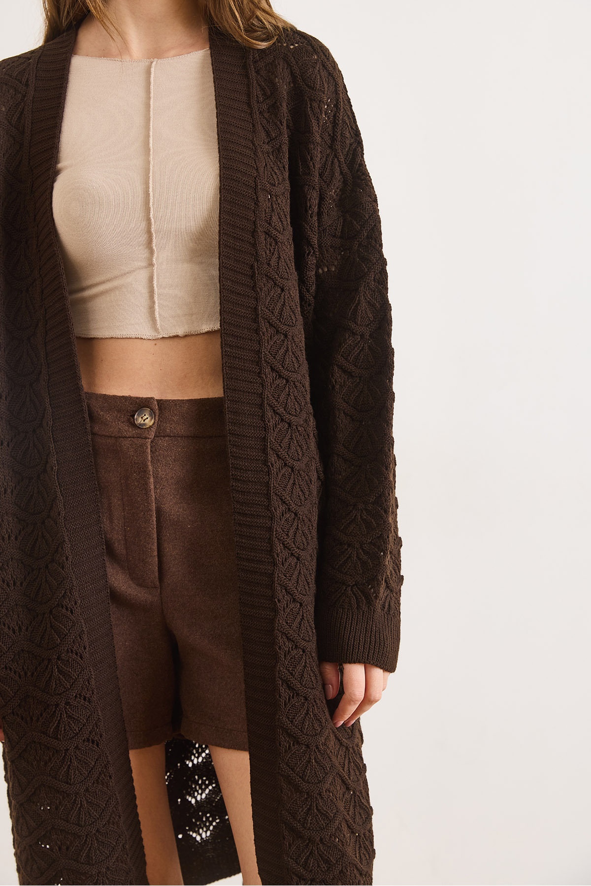 Olalook  Kadın Acı Kahve Deniz Kabuğu Desenli Uzun Mevsimlik Triko Hırka HRK-19000468 - Görsel 4