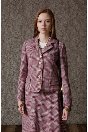 Fatma Atasoy Ekose Kazayağı Bordo Blazer Ceket Etek Takım