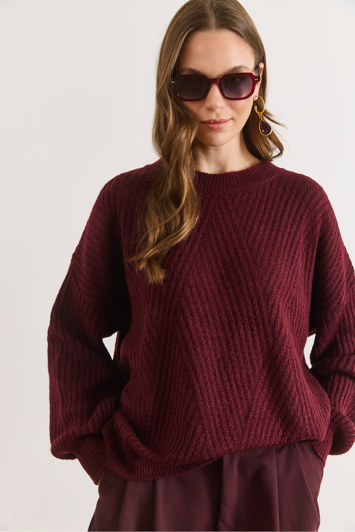Women's Claret Red Crew Neck Geometric Patterned Knitwear SweaterKZK-19001151