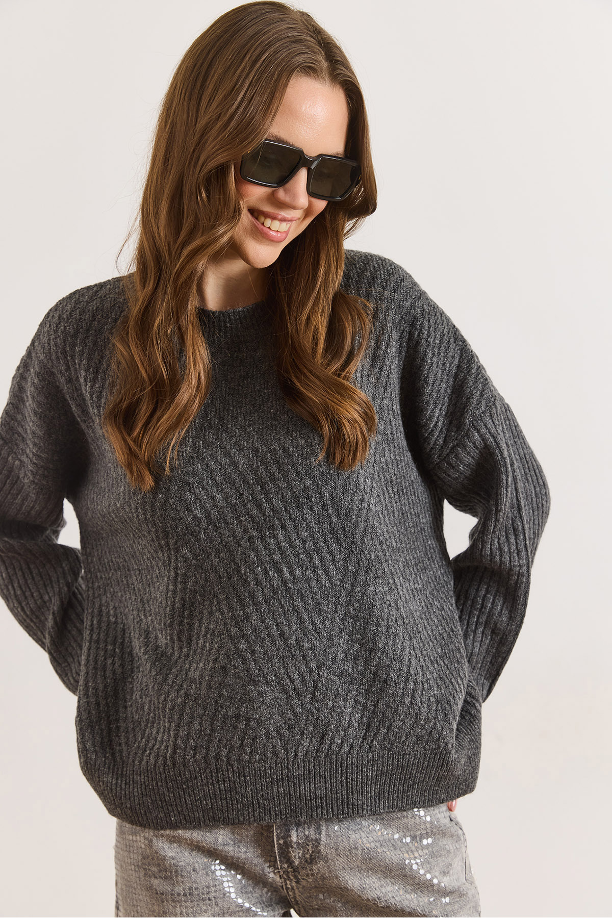 Women's Anthracite Crew Neck Geometric Patterned Knitwear SweaterKZK-19001151