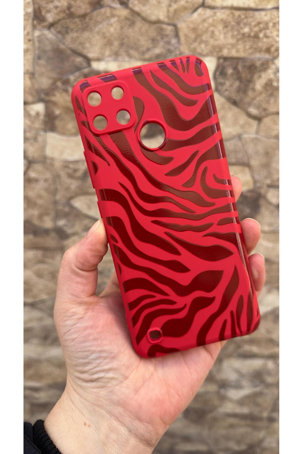 Realme C21Y And C25Y Compatible Red Zebra Patterned Silicone Shock Absorber Classic Shielded Rubber Case