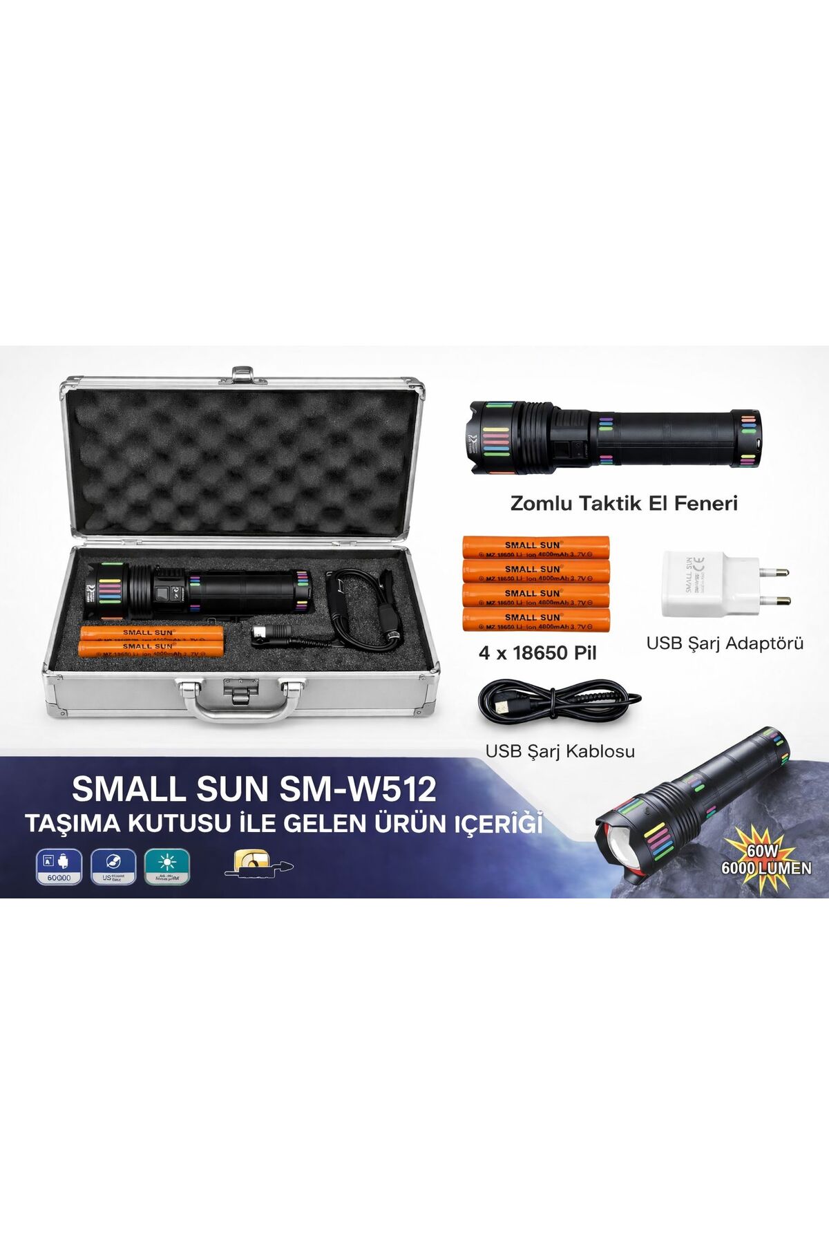 Small Sun SM-W512 Zomlu Taktik El Feneri 60W 6000 Lümen – Taşıma