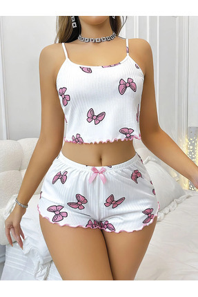 Nightlight Fiyonk Desenli Jakarlı Crop İp Askılı Şortlu Kadın Pijama Takım