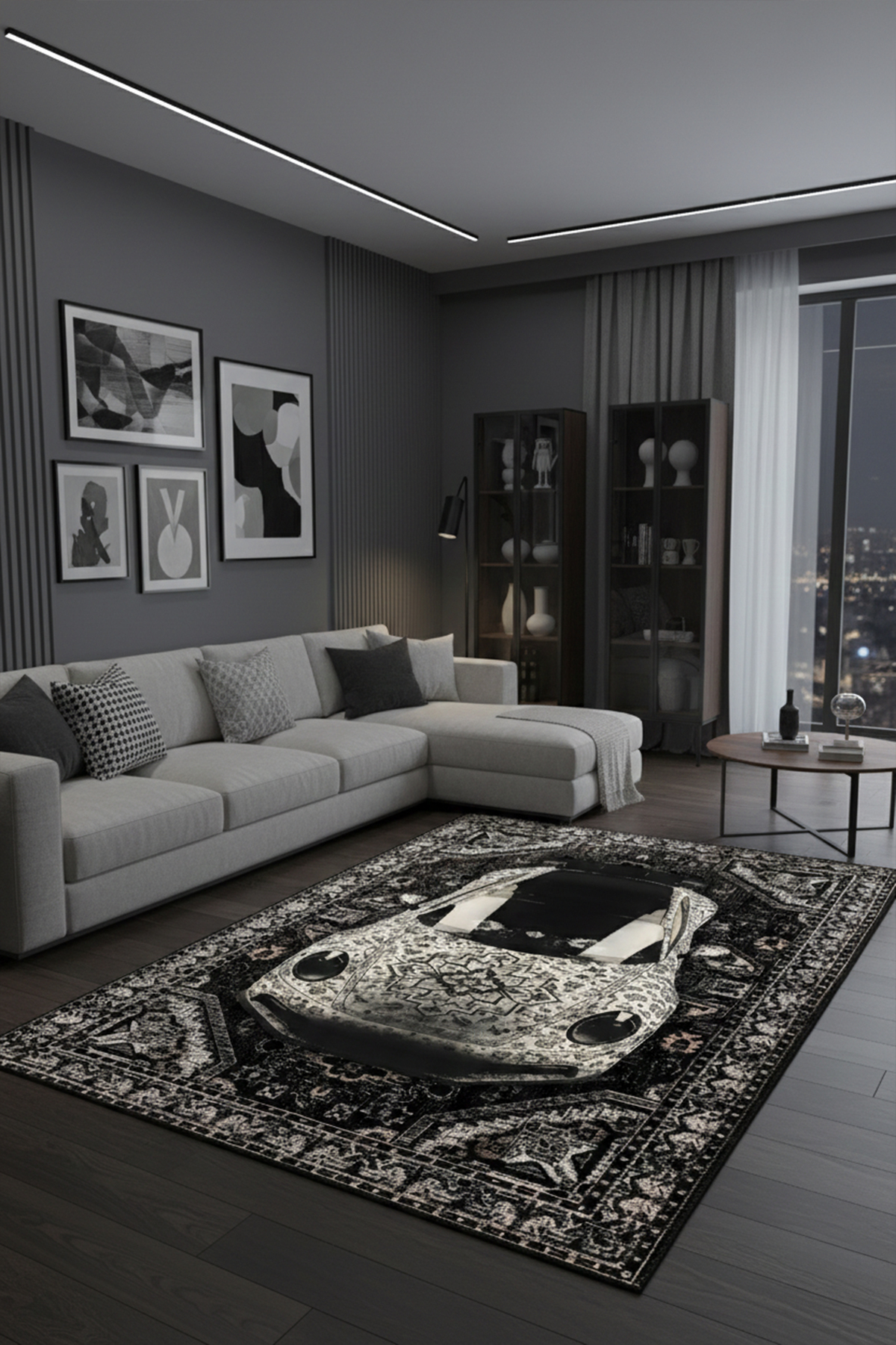 Pixel Dizayn Porsche 911 Siyah Beyaz Otantik Desenli Şönil Halı