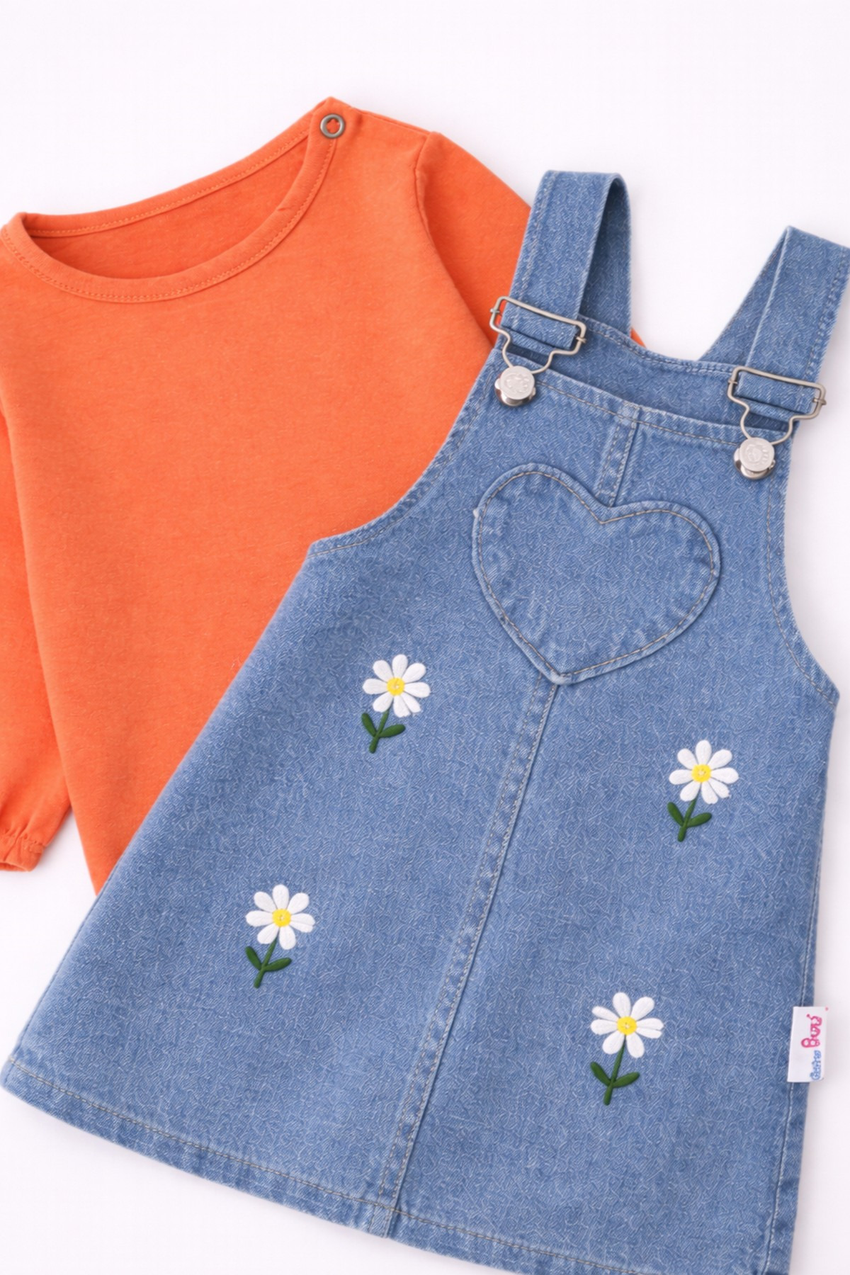 dinamik çocuk Kız Bebek Papatya Nakışlı Kalpli Esnek Kot Görünümlü Jile & Uzun Kollu Badi Takımı– 2'li Set 6Ay–2ya fotoğrafı 5 (önizleme)