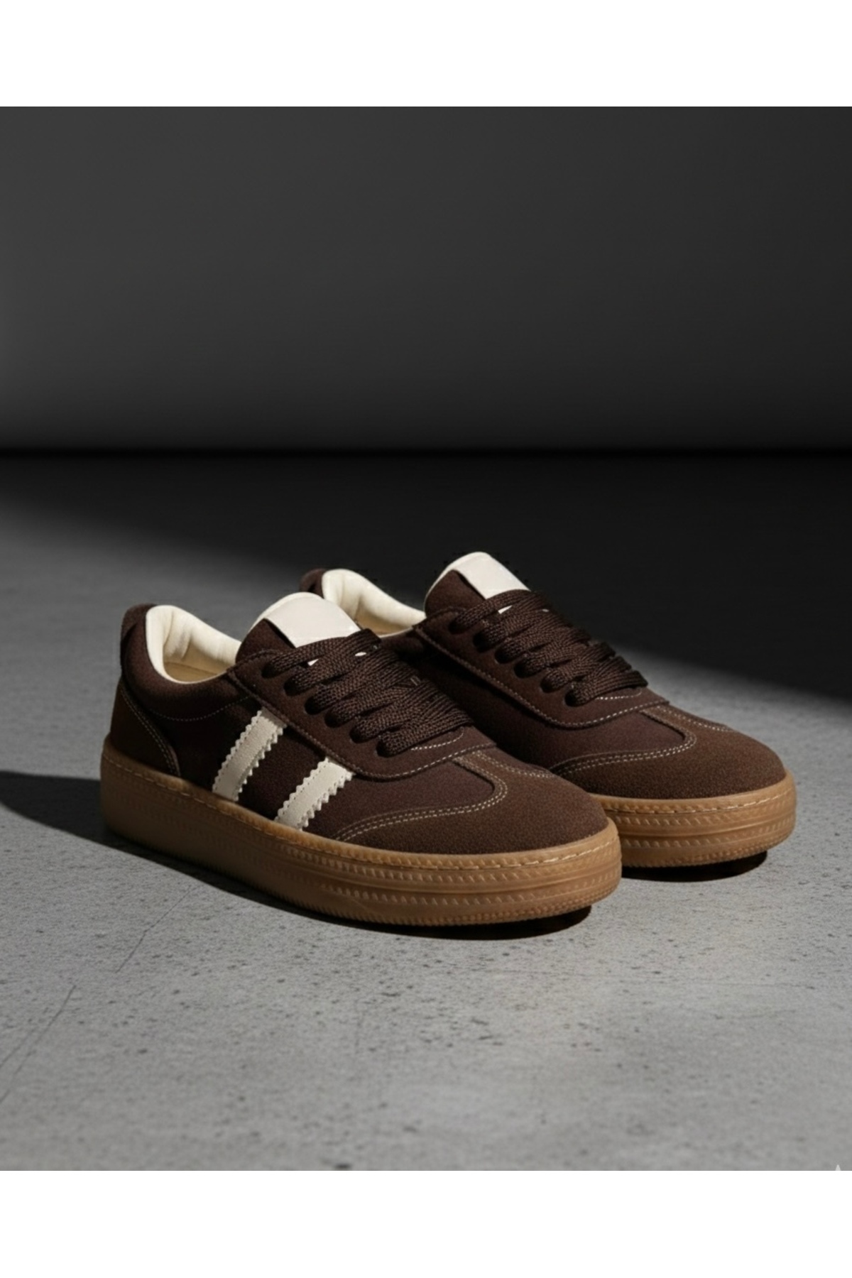 BonuStep Sambo Kadın Kahverengi Süet Detaylı Bağcıklı Çizgili Termo Taban Spor Ayakkabı Sneaker