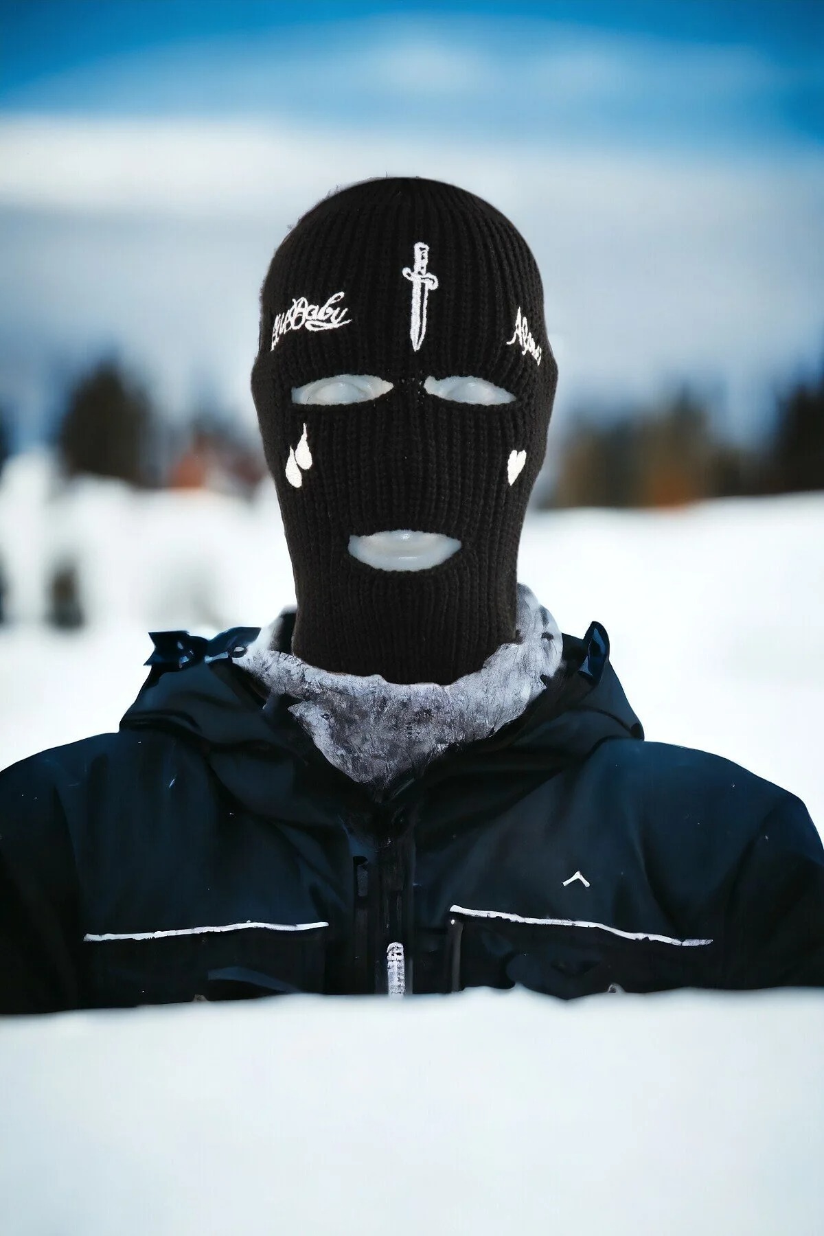 FG KONNİCHİWA Siyah Kılıç Nakışlı 3 Gözlü Kar Maskesi 2026 sezon Gotik Siyah Kar Maskesi (Balaclava), Unisex görsel 7