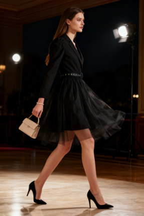 Baskio Kadın Uzun Kollu Kemer Detaylı Tüllü Mini Krep Elbise – Şık ve Modern ...