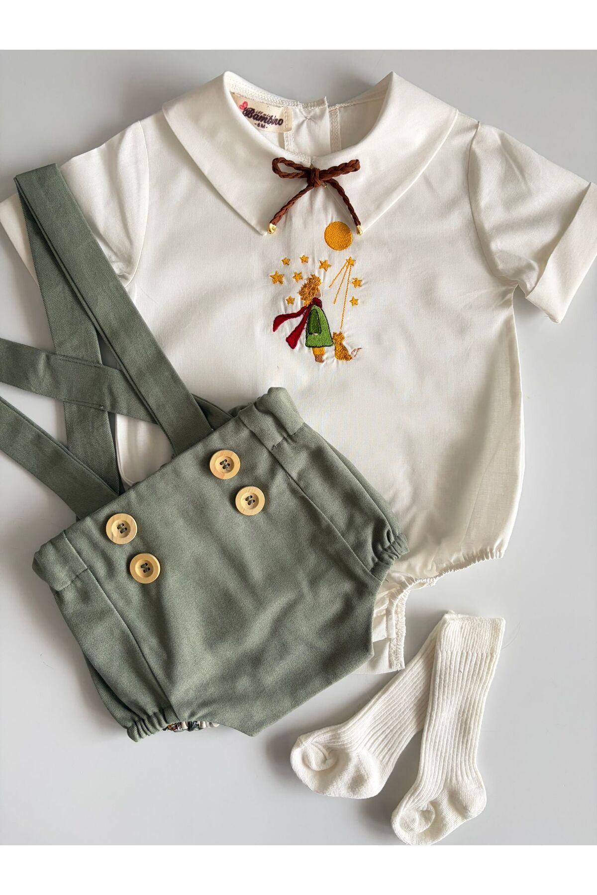 il mio bambino Handmade 100% Cotton Baby Boy Little Prince Embroidered Long Shirt and Short Romper