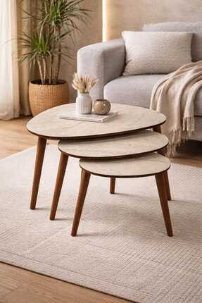 eos mobilya Damla Zigon Sehpa 3’lü – Traverten Desen Tabla, Ahşap Ayak