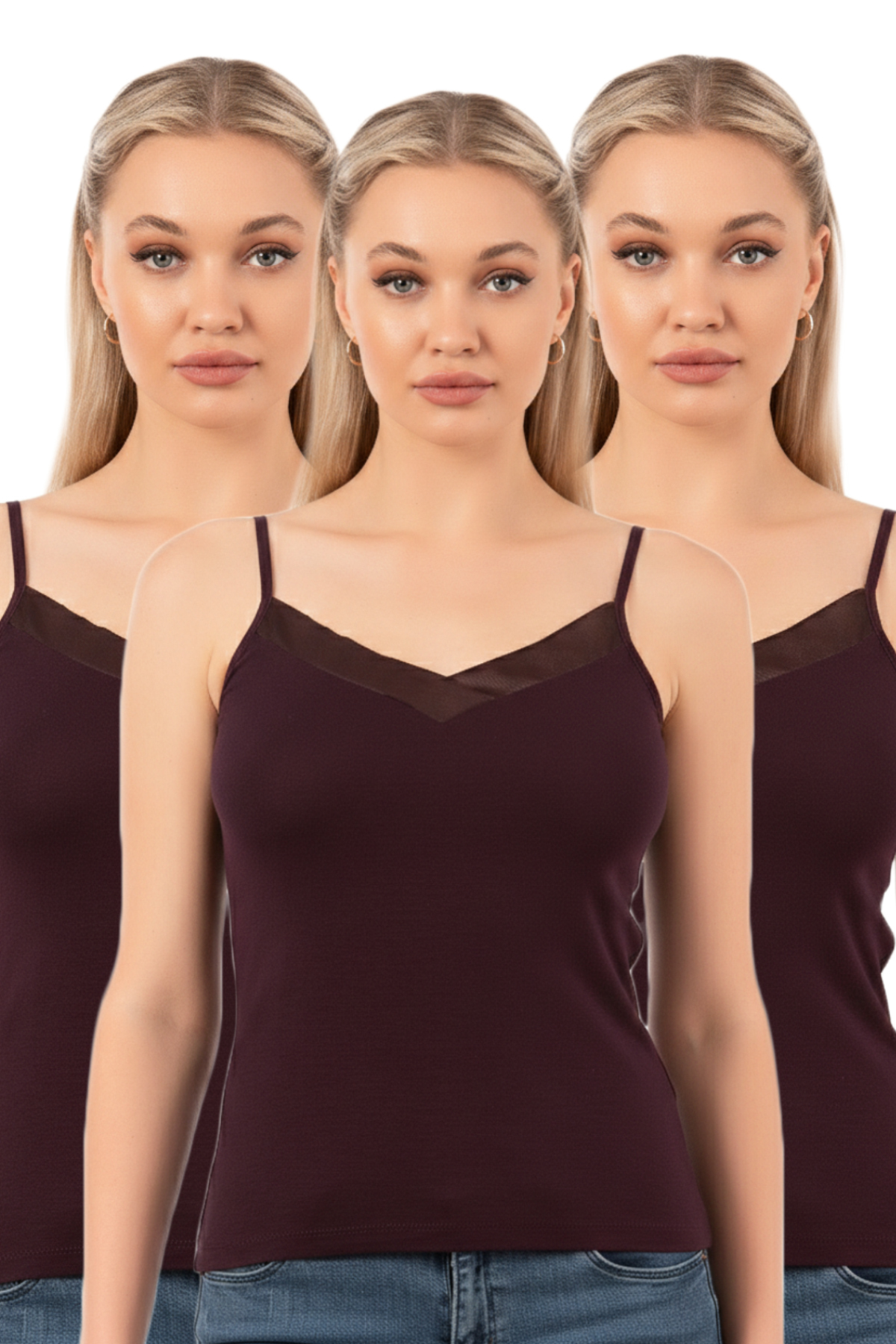 Özkan 2040 3-Pack Women's Premium Fabric Viscose Satin Collar Flexible Comfortable Thin Strap Singlet