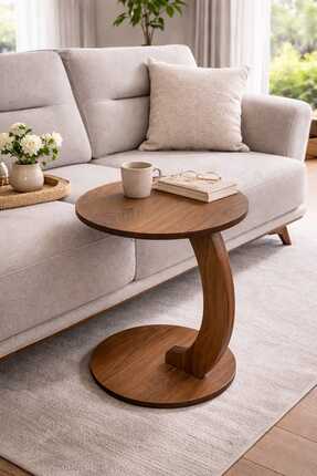 eos mobilya Tekerlekli Ahşap Yan Sehpa 40 cm Üst Tabla Çapı 54 cm Yükseklik