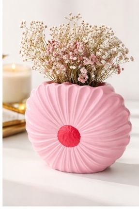 Mumperya Pembe Çiçek Formlu Dekoratif Vazo & Kalemlik – Seramik Masaüstü Akse...