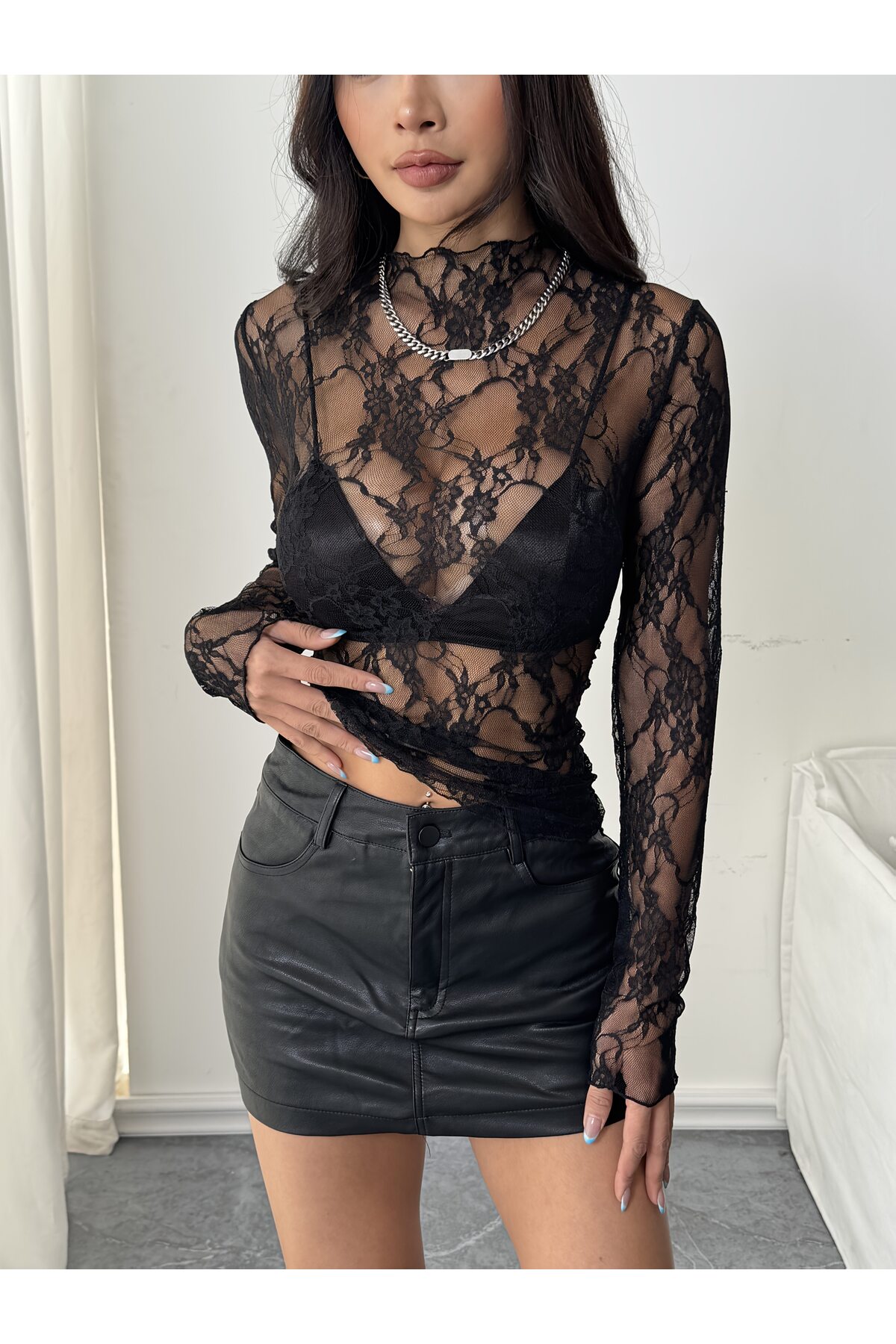 PERLMUTT  Siyah Transparan Dantel Body Kadın Uzun Kollu Seksi Şık Bluz-Club Party Gece Kombin Kadın Üst - Görsel 2