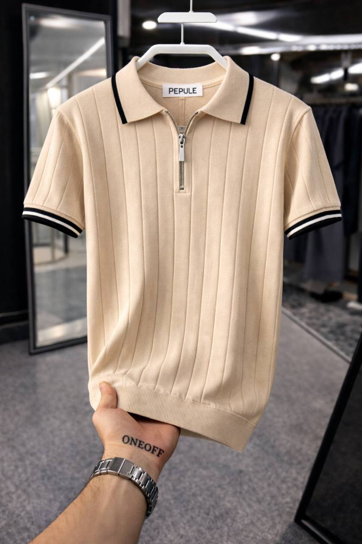 Men's Polo Neck Knitwear Textured Half Zipper Regular Cotton T-shirt