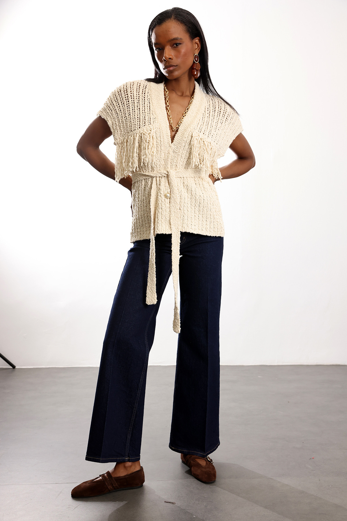 5in1Canpolat  Bej Kuşaklı Merserize Hırka 2594 - Görsel 2