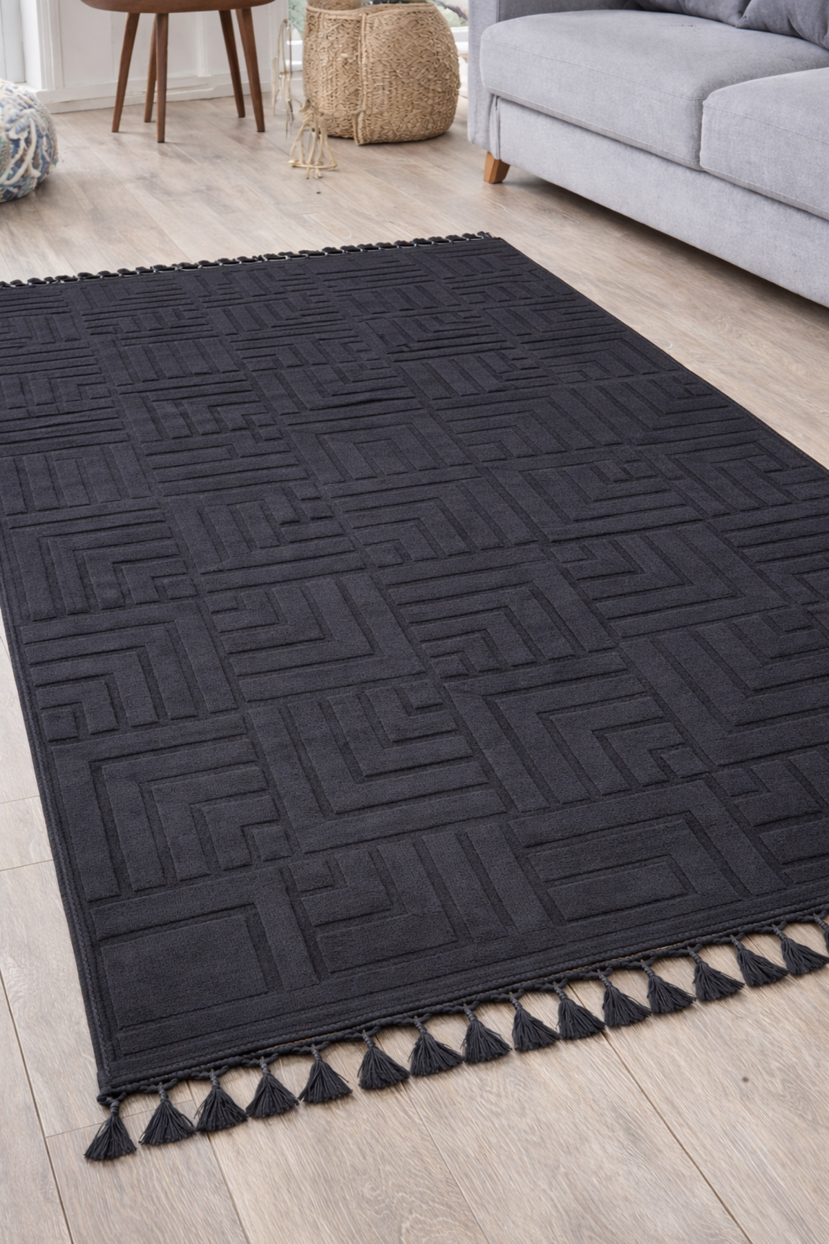 Relief Knit Fringed Fountain Elite Anti-Slip Floor Living Room Kitchen Corridor Carpet Runner Rug ANTHRACITE