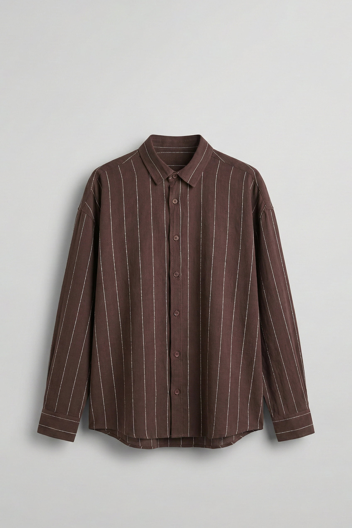 ablukaonline  Erkek Oversize Çizgili Keten Uzun Kollu Gömlek Kahverengi